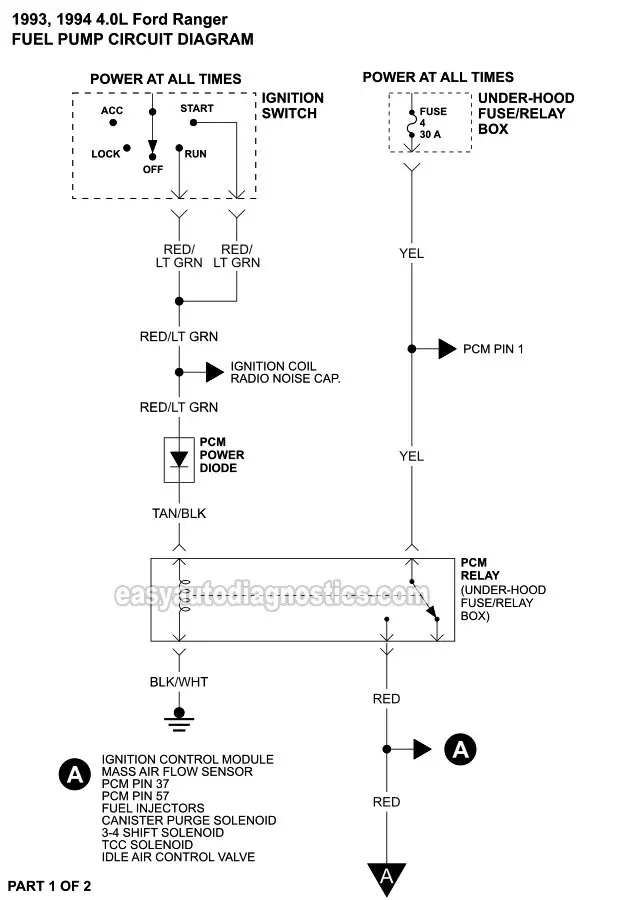Fuel Pump Circuit Wiring Diagram PART 1 of 2 -1993, 1994 4.0L Ford Ranger