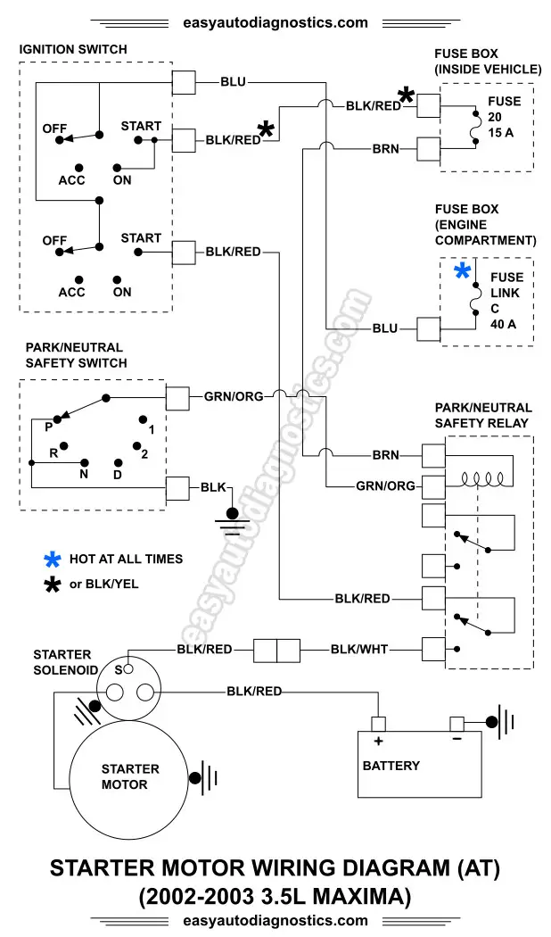 2002-2003 3.5L Nissan Maxima Starter Motor Circuit Wiring Diagram With Automatic Transmission