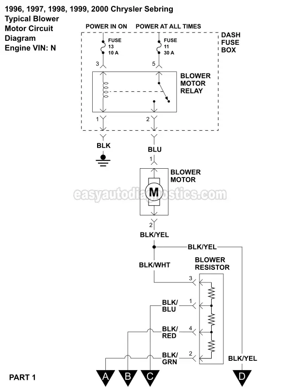 PART 1: Blower Motor, Blower Resistor, And Blower Switch Circuit Diagram (1996, 1997, 1998, 199, 2000 2.5L V6 Chrysler Sebring And Dodge Avenger)