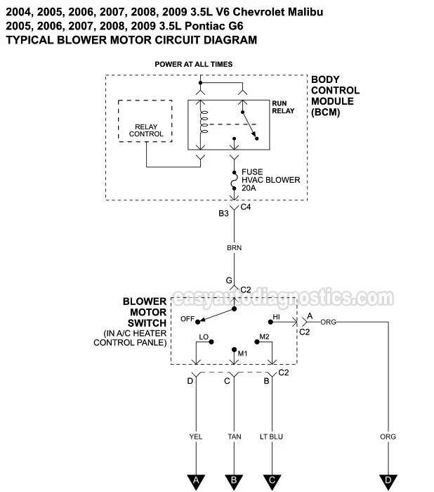 DIAGRAM 1: Blower Motor And Blower Motor Resistor Circuit Diagram (2004, 2005, 2006, 2007, 2008, 2009 3.5L Chevrolet Malibu And 3.5L Pontiac G6)