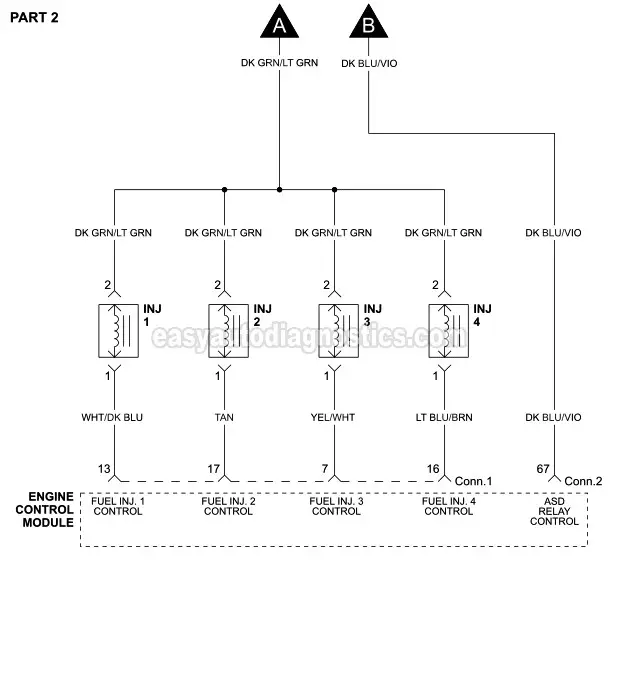 PART 2: Fuel Injector Circuit Wiring Diagram (2001, 2002 2.4L DOHC Chrysler Sebring And Chrysler Sebring Convertible. 2001, 2002 2.4L DOHC Dodge Stratus)