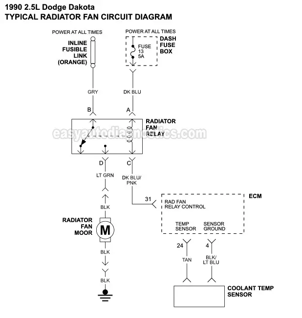 Radiator Cooling Fan Wiring Diagram (1990-1993 2.5L SOHC Dodge Dakota)